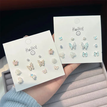 DAIIIBABYYY  -  Blue Pink Butterfly Bow Pearl Stud Earrings Set for Women Fish Tail Aurora Planet INS Korean Fashion Sweet Girls Earring Jewelry